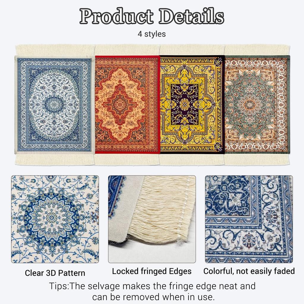 Mini Rug Table Coasters Persian Carpet Style Drink Holders Oriental Vintage Bohemian Drink Mats Miniature Elegant Bar Coaster for Office Home