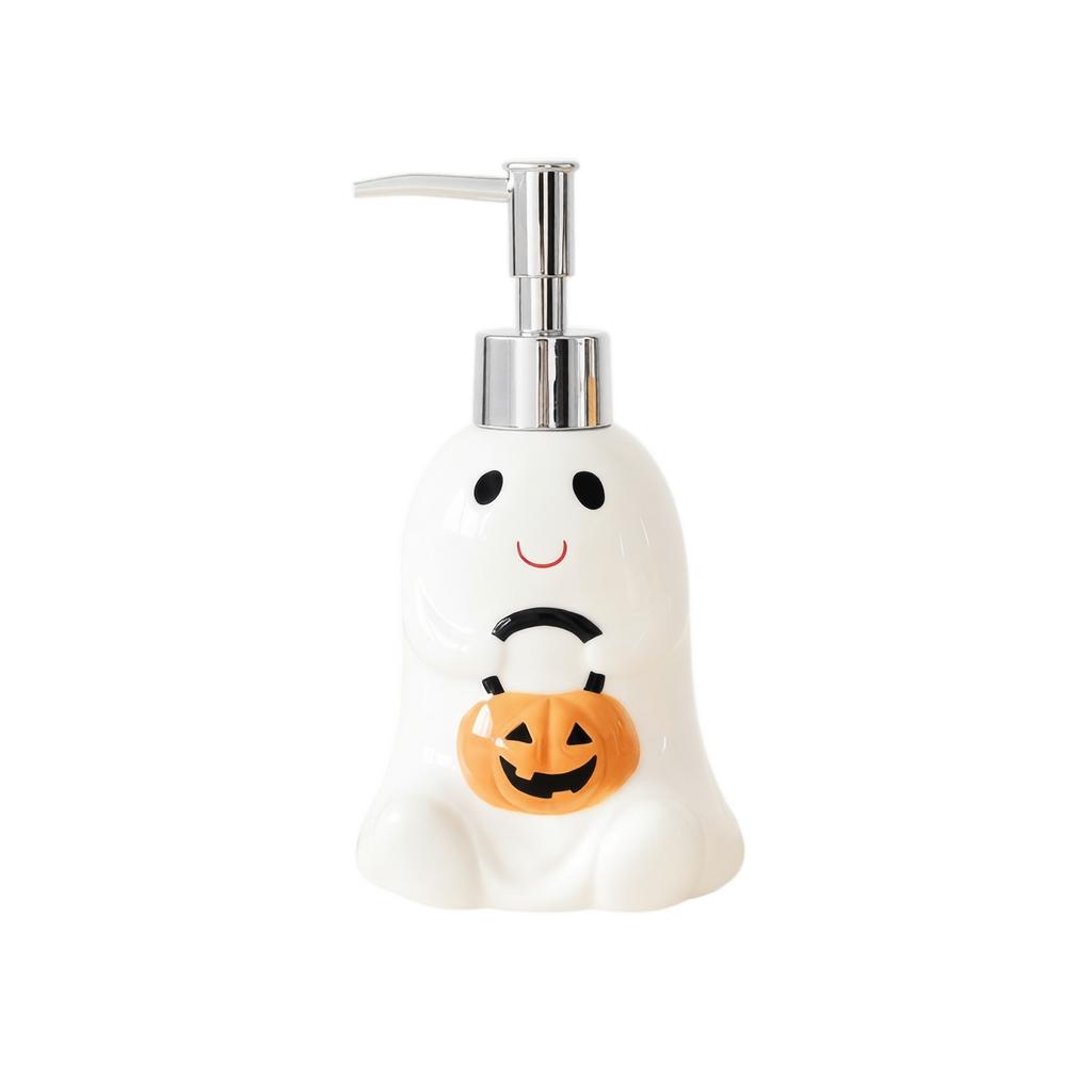 Ceramic Halloween Pumpkin Ghost Shape Soap Dispenser Pump Bottle for Bathroom Kitchen Countertop Use Durable and Easy To Refill