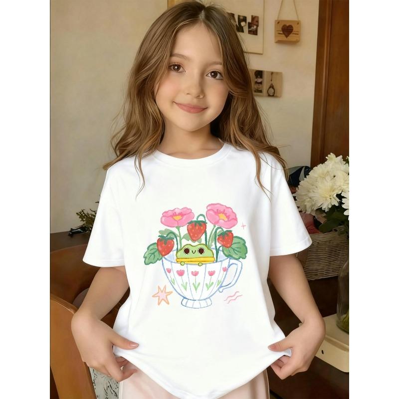 European sizes A 'S Short-Sleeve Crew-Neck T-Shirt Featuring a Small Frog Design in a Vase, Perfect for Casual Outings Or Daily Use