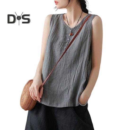 Damen Sommer Weste Rundhals Ärmellos Knöpfe Dekor Tank Tops Einfarbig Loose Fit Dünnes Leibchen Streetwear