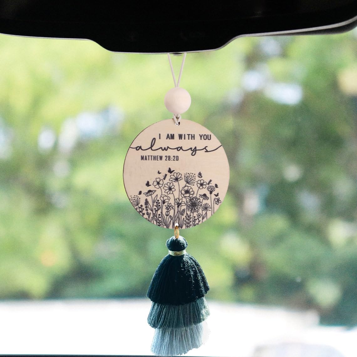 Christian Car Charm Gifts for Women Men, I am with You Always Rear View Mirror Hanger with Tassel Religious Car Hanging Ornament Accessories(Pink)
