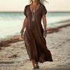 YYFS Women's Fashion Summer Spring Solid Color Print Short Sleeve V-Neck Loose Waistlinet Casual Dresses