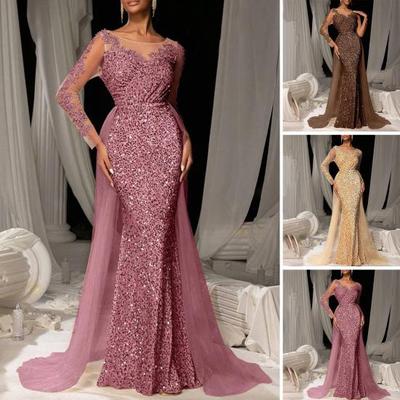Women's Sequin Evening Dress Lace Long Sleeve Bodycon Maxi Dress Sparkly Floor Length Mesh Patchwork Overlay Dress for Cocktail Wedding Parties