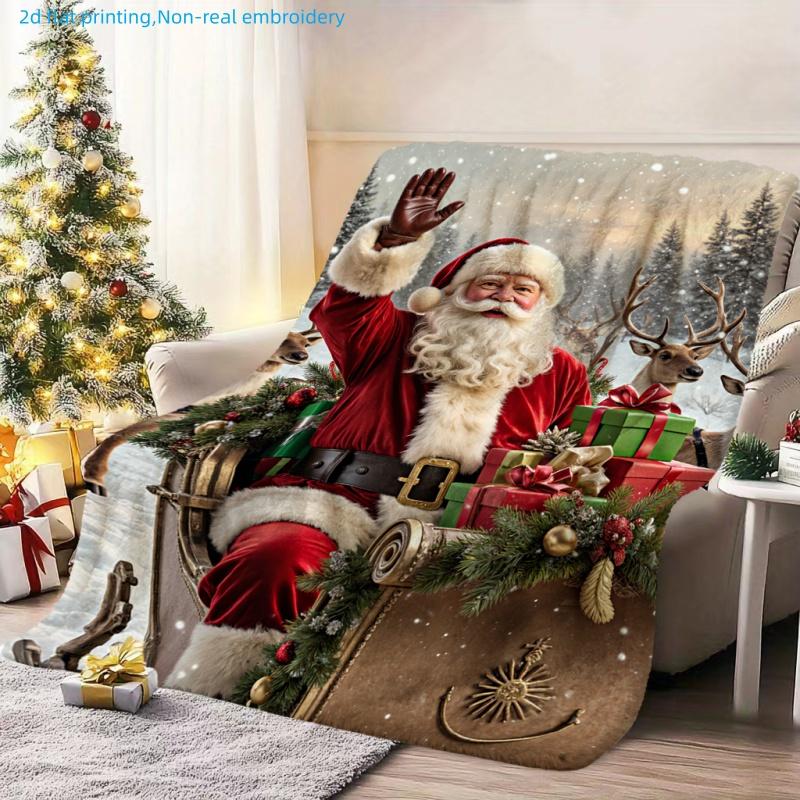 1pc Christmas Holiday Santa Claus Deer Pattern Printed Blanket, Holiday Gift, Multi-Size Available, Autumn Thanksgiving Christmas Nap Blanket, Suitabl
