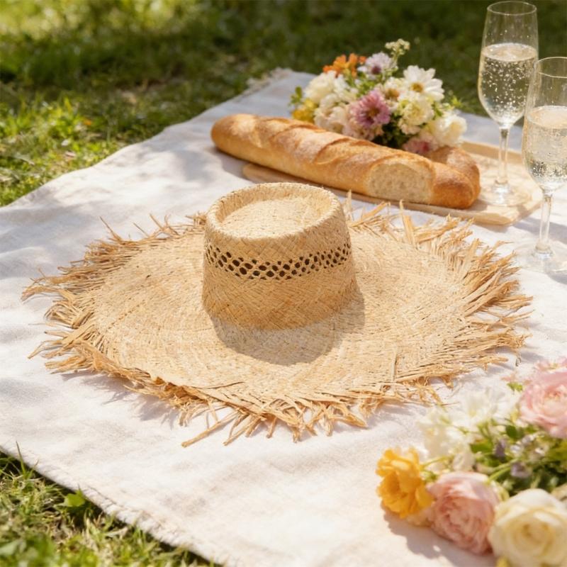 Elegant Raffia Sun Hat With Adjustable Size And Breathable Open Weaving For Beach Vacation Outdoor Activity Travel Gear