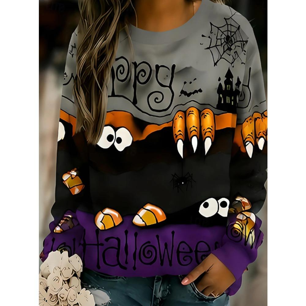 Tops for Women Halloween Print Round Neck Long Sleeve T-shirt Fall Casual Slim Pullover Women's Long Sleeve Top