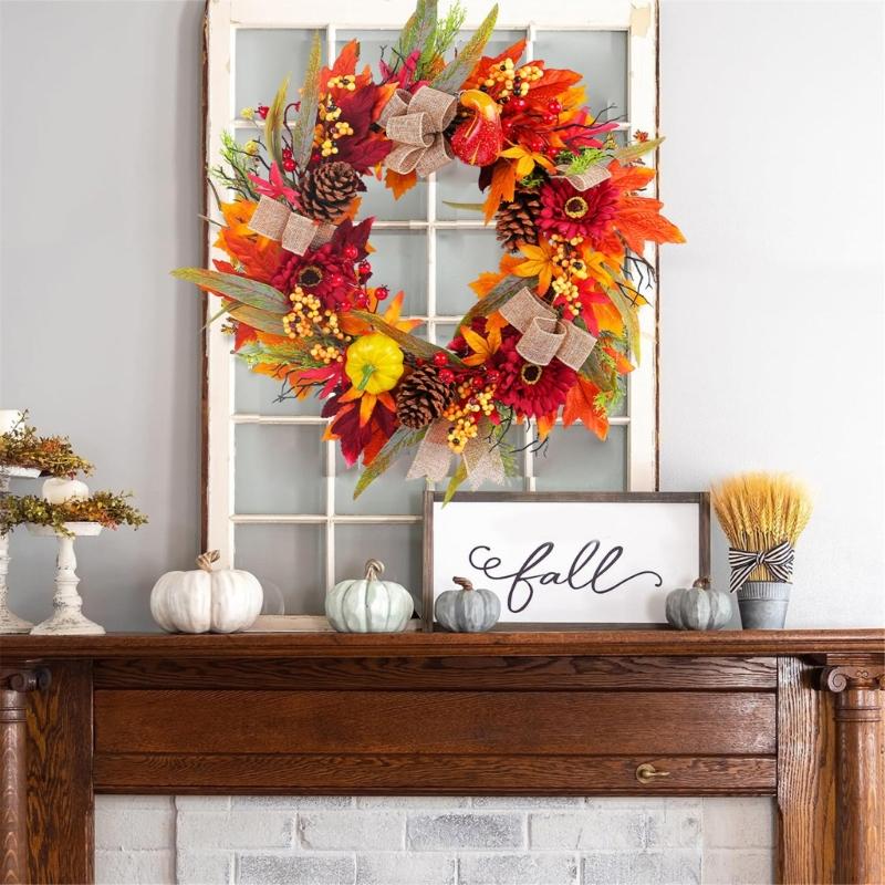 Artificial Autumn Wreath for Front Door Farmhouses Garden, Harvest Wreath with Pumpkins Thanksgiving Party Decorations