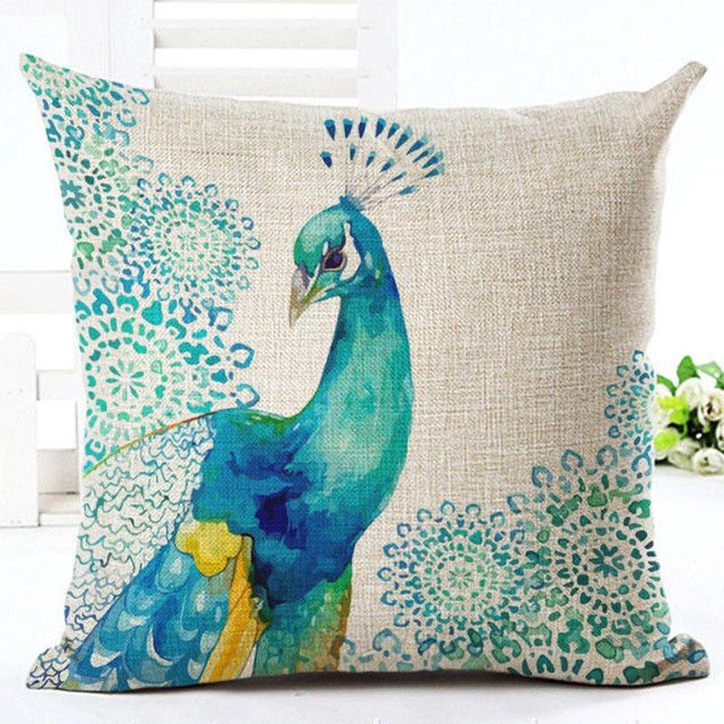 Luxurious Linen Cushion Cover In Stunning Peacock Design For Sofa And Bedroom