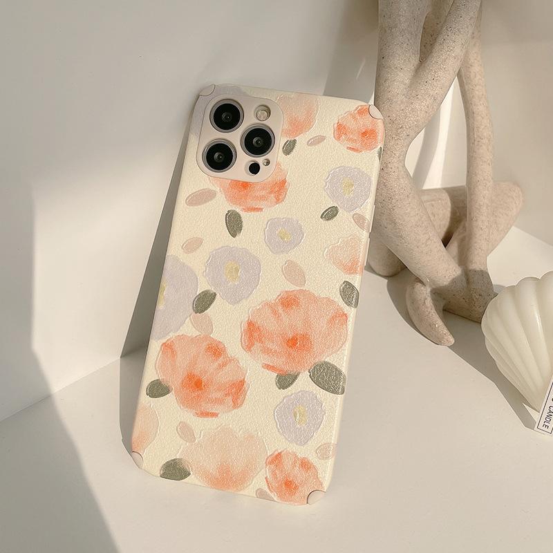 Custodia in Silicone con Fiori in Pelle Artigianale per iPhone X Xr Xs Max 7 8 Plus Se 2020 12 11 13 Pro Max Mini Cover Ins Antiurto Capa