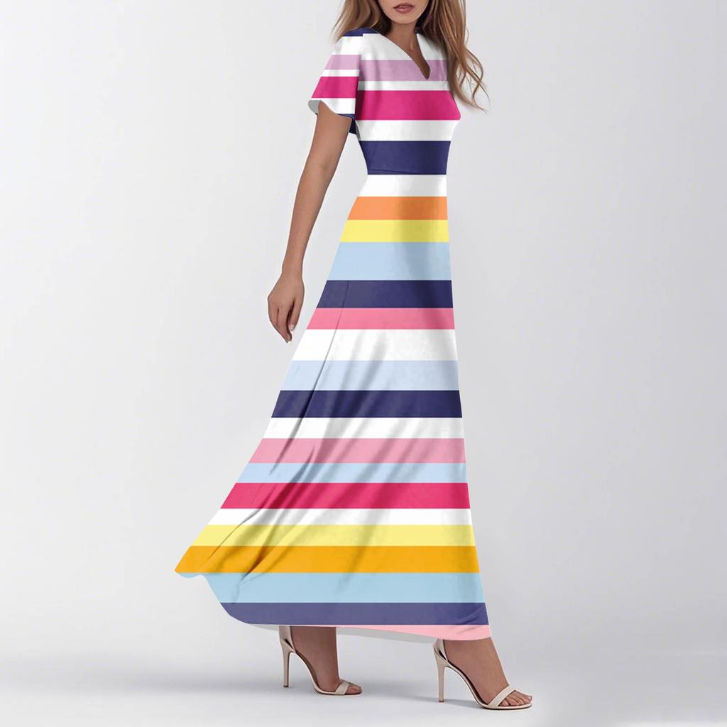 Women's Dresses Summer Casual V-neck Striped Print Short Sleeve Wear To Work Dresses
