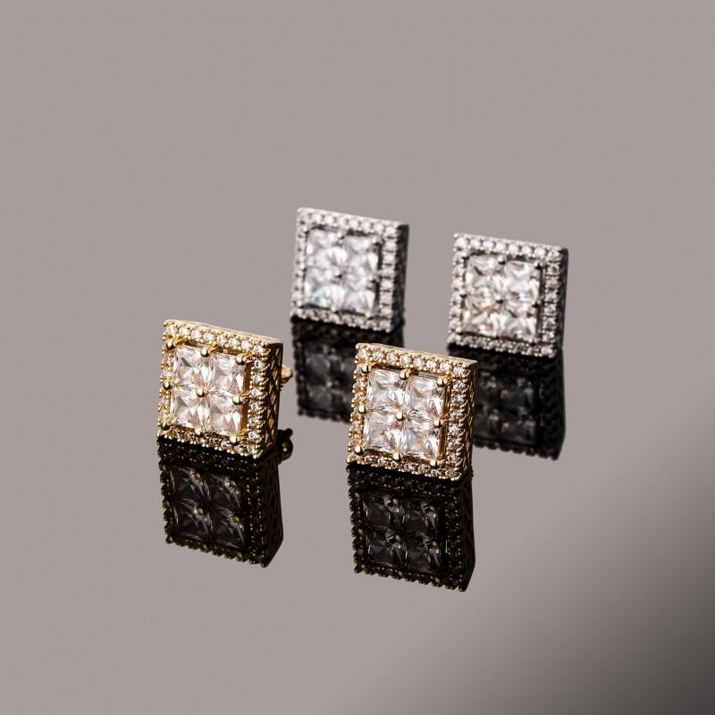 Hip Hop Square Threaded Earrings Men Full Zircon Stud Gold Plated Copper Ear Jewelry