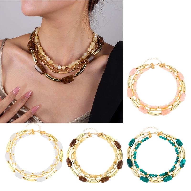 Stylish Geometric Multiple Layer Bead Necklace For Women Fashion Jewelry With Resin Accent Layer Designs For Daily Wear