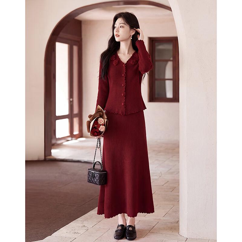 Elegant Floral Print Long-Sleeve Two-Piece Skirt Set
