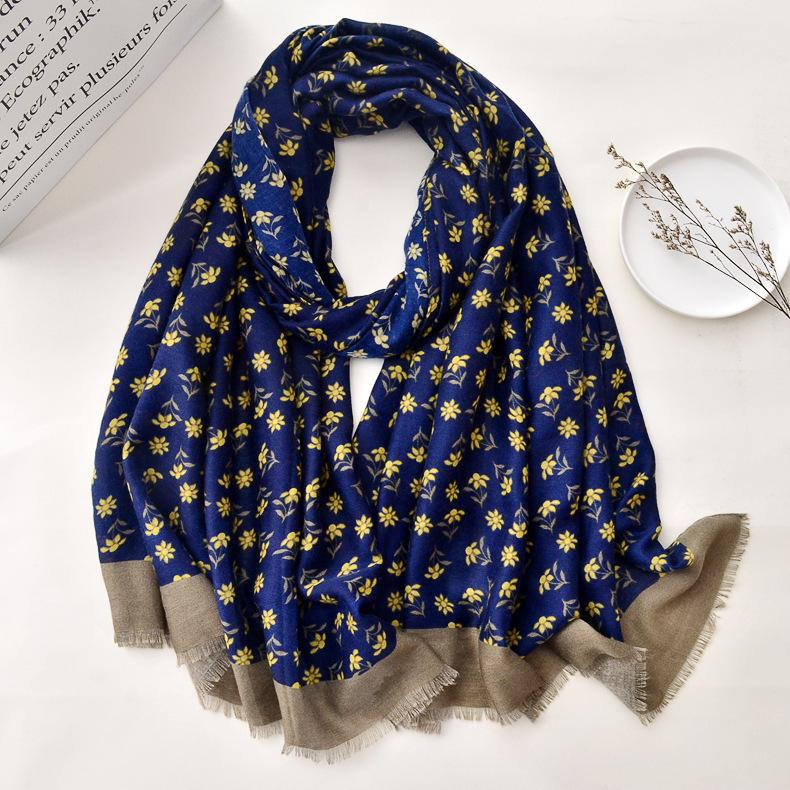 

Women s Scarf Cotton Hemp Hand Feel Korean Edition Navy Blue Small Fragmented Flower Long Thermal Scarf Viscose Hugs And Shawls