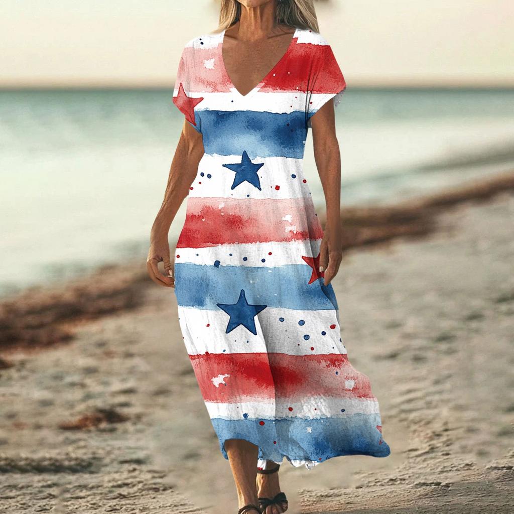 Women’s V Neck Short Sleeve Maxi Dress with Abstract Tie Dye Print Loose Fit Summer Beachwear for Casual Daily Wear
