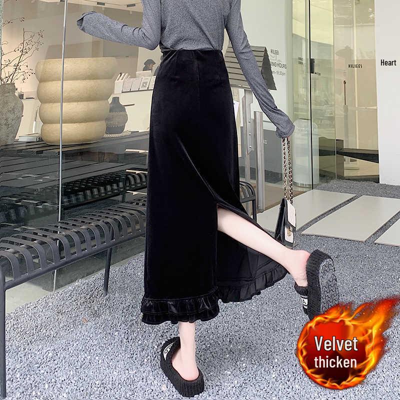 Women's Layered Velvet Midi Skirt with High Slit and Ruffle Lace - Thickened for Autumn and Winter