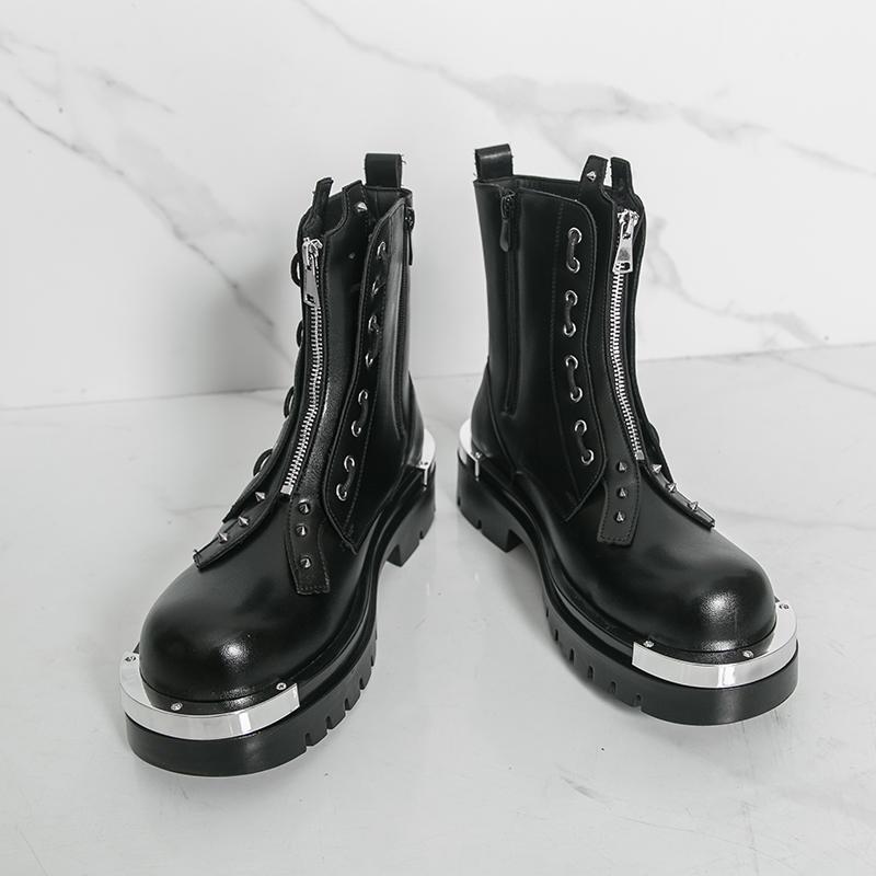 Men Motorcycle Black Thick Sole Height Increase High Boots Street Style Cool Elevator Punk Boots Large Size
