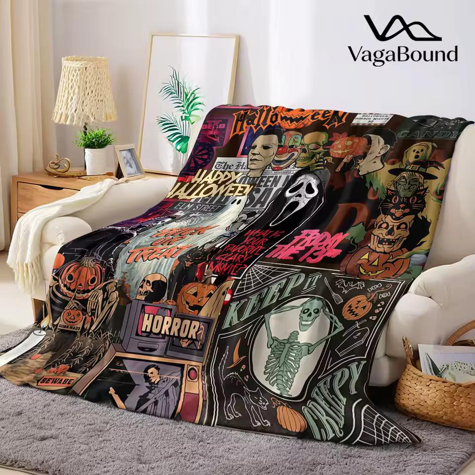 Horror Movie Halloween Flannel Blanket Warm Soft Halloween Christmas Couch Warm Cozy Decorative Decor Gift for All Season