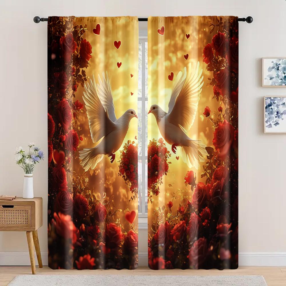 

2 шт., Романтические шторы для окна на День святого Валентина, Романтический белый голубь и красная роза, Сердцевидная сцена восхода солнца на День святого Валентина 29x65in(75x166cm)