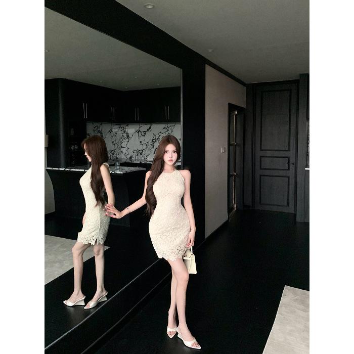 French pure desire wind hollow lace sleeveless vest dress women's summer waist dress skirt temperament hip-wrapped short skirt