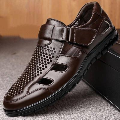 Sandálias masculinas de couro legítimo, oferta especial de verão, casual, de negócios, com furos, para trabalho, com furos