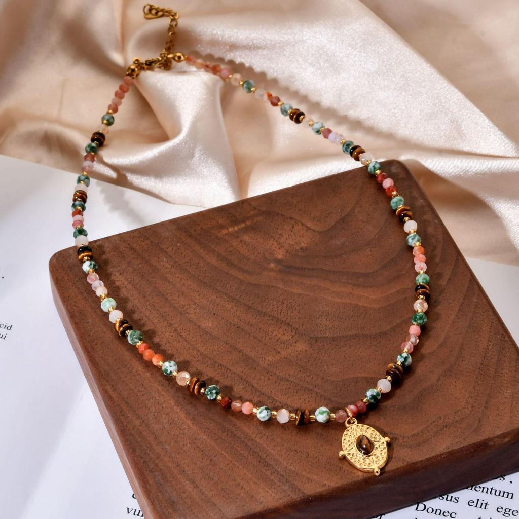 Bohemian Multi-color Stone Beaded Necklace with Stainless Steel Pendant
