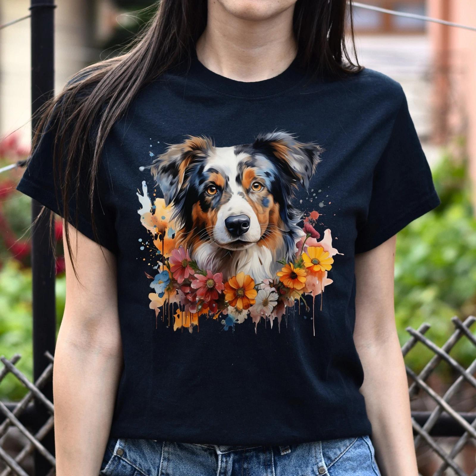 Australian Shepherd floral Color Splash Unisex T-shirt Black Navy Dark Heather S