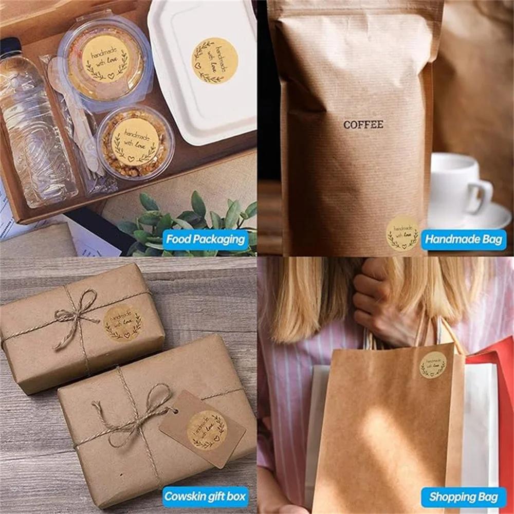 500pcs Handmade with Love Stickers Vintage Kraft Paper Sticker Stationery Label Baking Kraft Paper Stickers Scrapbook Gift Label