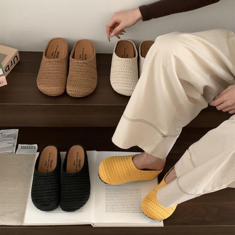 Niche Casual Hand-woven Hollow Breathable Bag Head Half Slippers Women's Autumn Wear Roman Style Thick-soled Muller Shoes