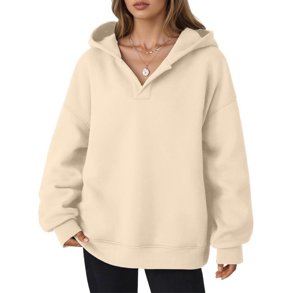 Women's Casual V-neck Pullover Long-sleeve Solid Color Fleece-lined Hooded Sweatshirt Top
