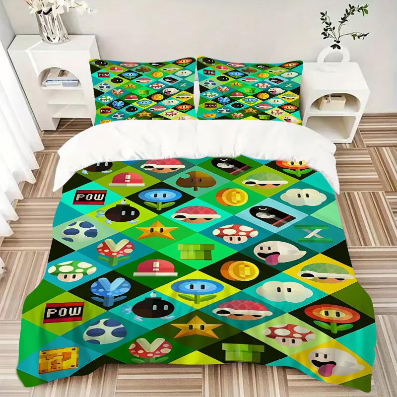 3pcs bedding set Mario Includes 1 Comforter + 2 Pillowcases, Without Pillow Inserts, Soft Comfortable, Lightweight Breathable, Printed Home