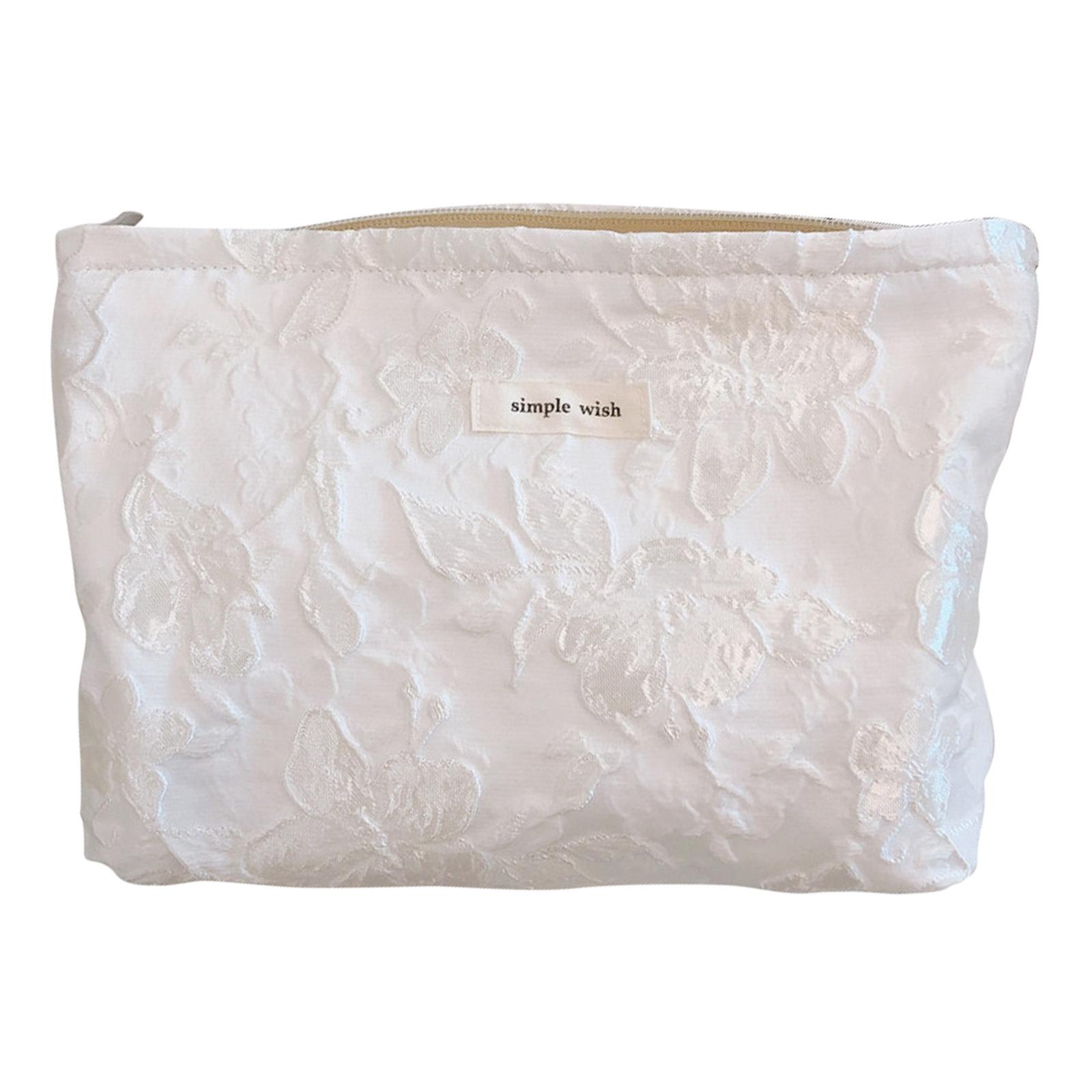 

189 Lightweight Canvas Makeup Cosmetic Bag Embossing Big Flower Pattern Toiletry Travel Organizer Bag White