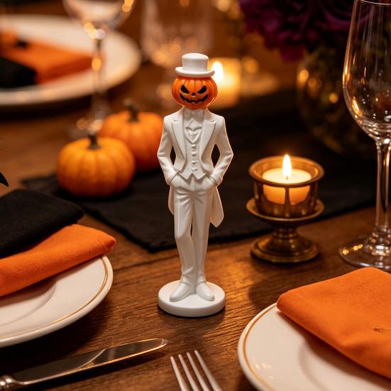 Horror Retro Desktop Decor Pumpkin Gentleman Figurine, Halloween Head Man Statue, Spooky Figurine 3D Printed Ornament for Shelf Mantel Tabletop Statue
