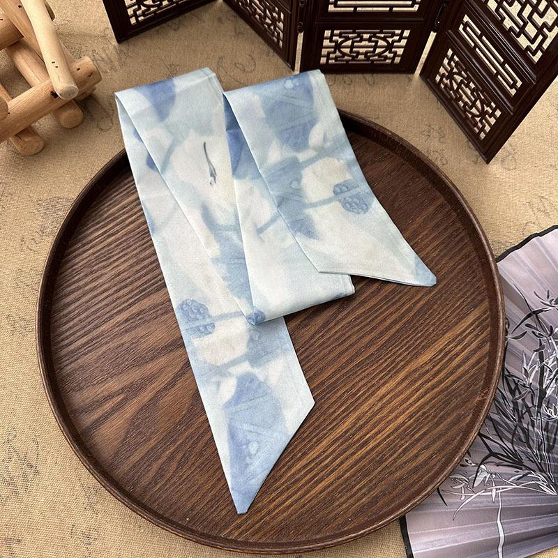 7x85cm Skinny Silk Scarf Floral Headband Chinese Style Hair Ribbon Scarf Butterfly Neck Tie Versatile Bag Decorative Scarf