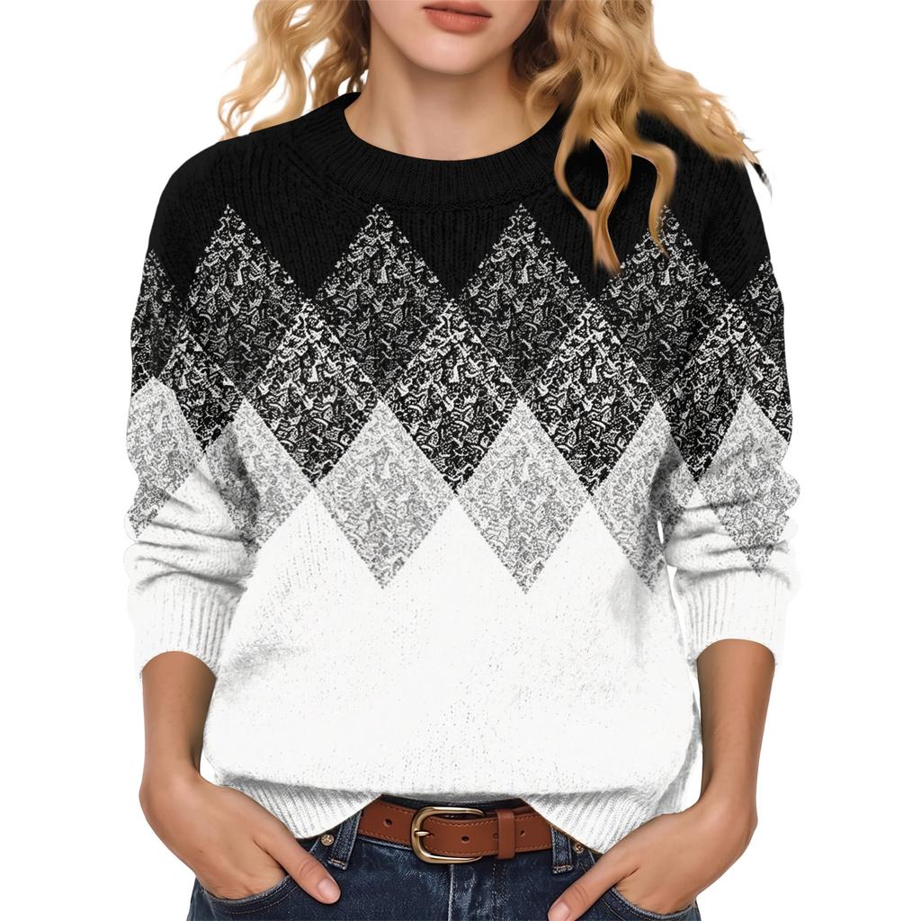 Women's Fall Winter Neck Long Sleeve Sweater - Soft Knit Printed Pullover
