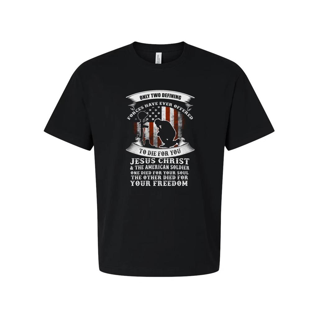Veteran Tribute Graphic Tee With Soldier Silhouette And Patriot Flag And Religio