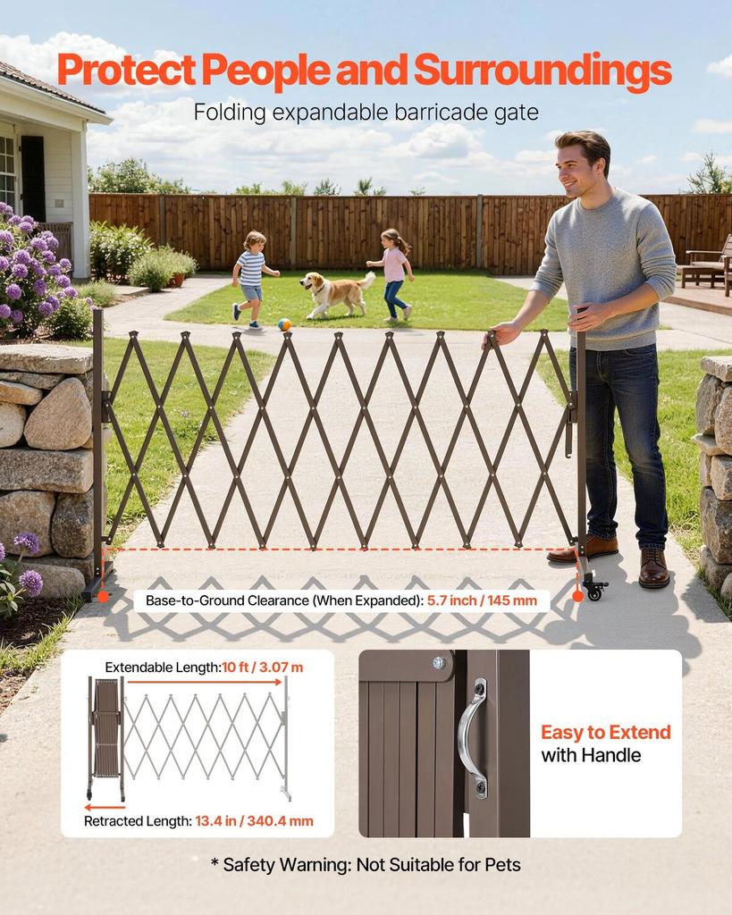 Expandable Barricade, 3.07m Expandable Safety Barrier, Flexible Mobile Barricade with Locking Casters, Portable Folding Security Gate Metal Traffic