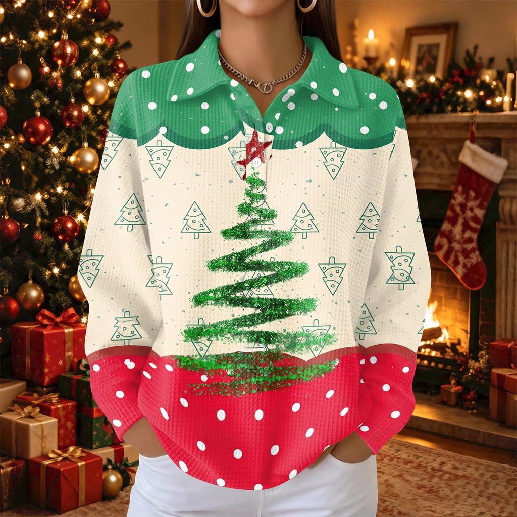 Women's Knit Top Christmas Print Long Sleeve Button Collared Shirt for Casual Holiday Wear