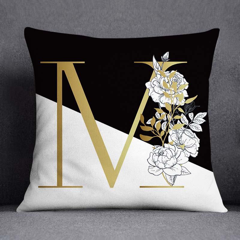 Golden Lace Letter Series Pattern Decorative Pillowcase, Square Home Office Decoration (45Cm * 45Cm)