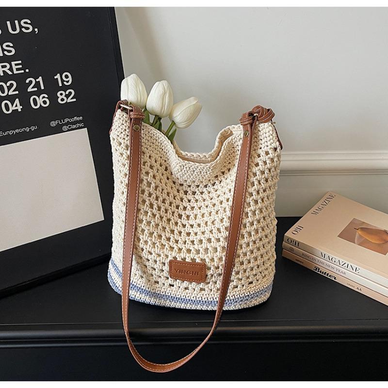 Grid-eye Hollowed-out Interwoven Knitted Large-capacity Shopping Bag with Shoulder Strap and Side Carry for Women