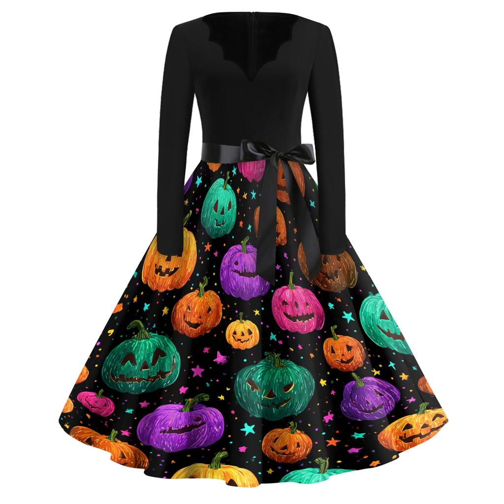 Women Vintage V Neck Dress Long Sleeve Casual Retro Style Halloween Print A Line Fit and Flare Midi Dress Belted Waist