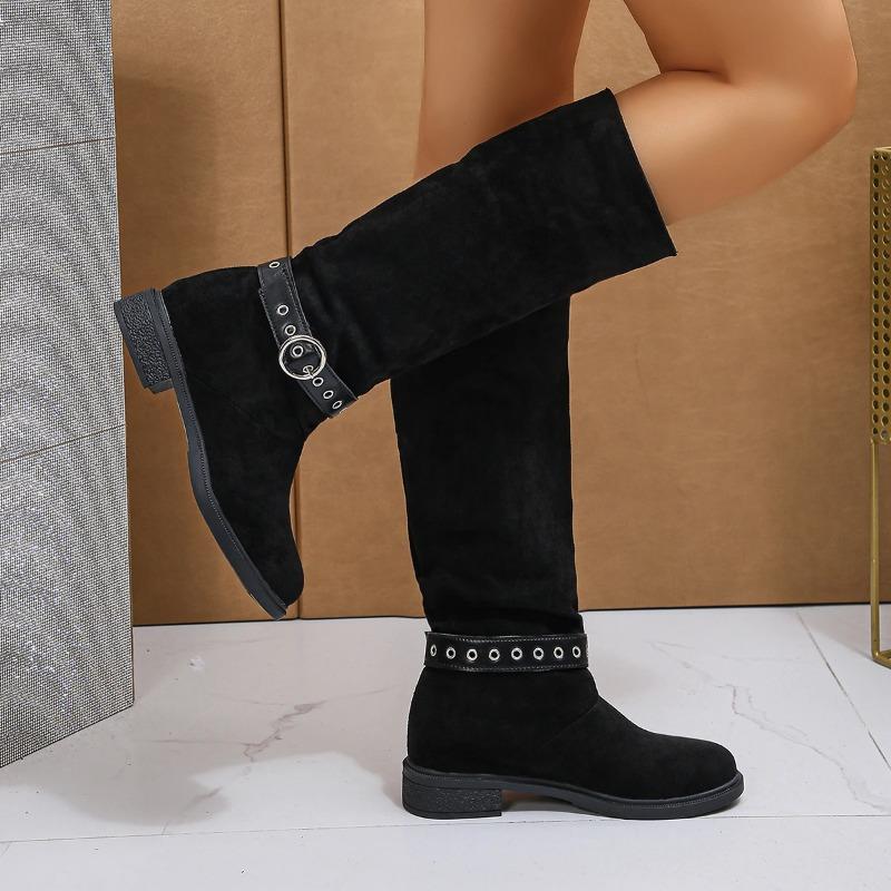 Mode Damen Wildlederstiefel Neu Winter Retro Runde Zehe Damenstiefel Bequemer Mittelhochabsatz Gürtelschnalle Damen Stiefeletten Übergröße 41 42