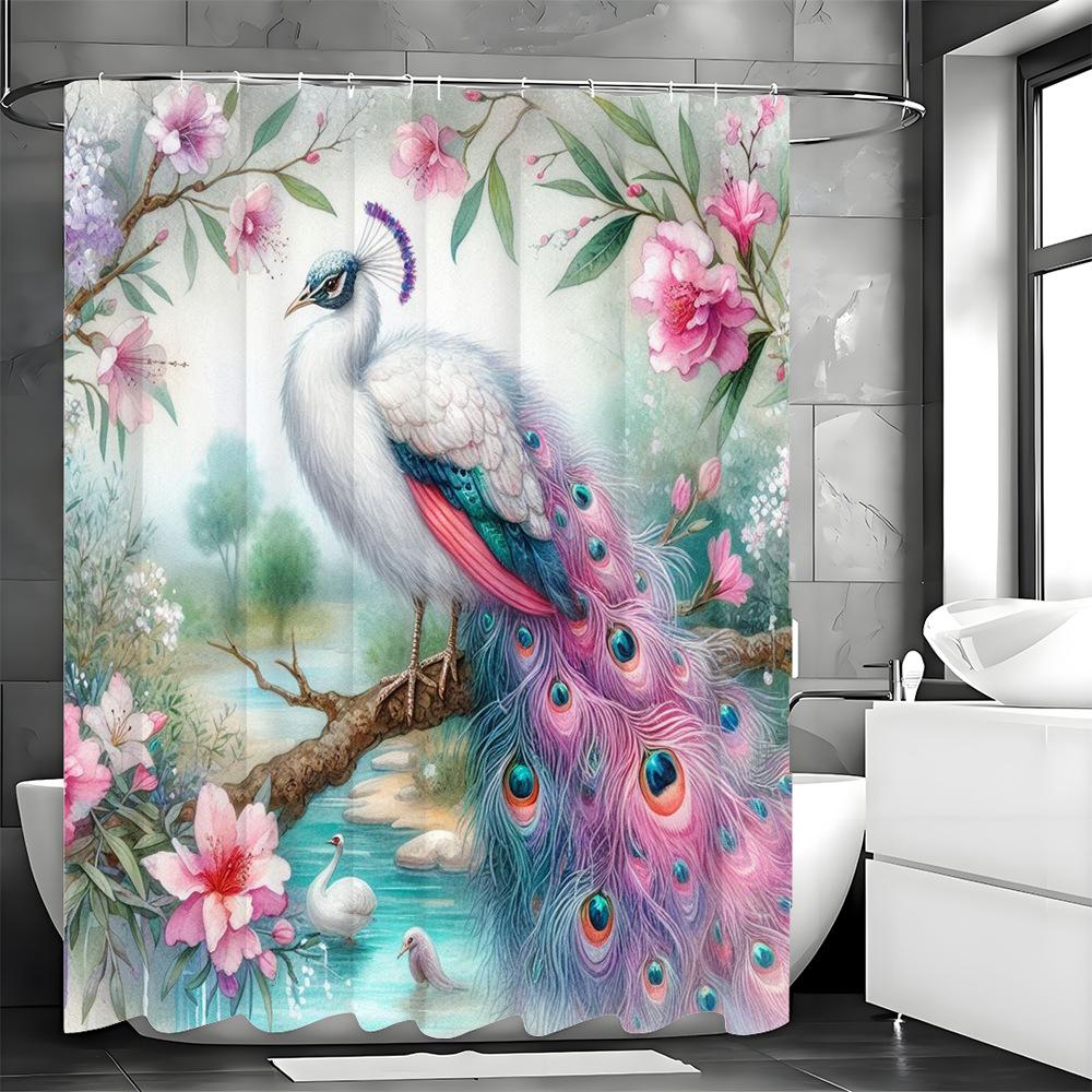 Graceful And Colorful Peacocks Shower Curtain Washable Dirt-Resistant Shower Head Waterproof Polyester Bath Curtain