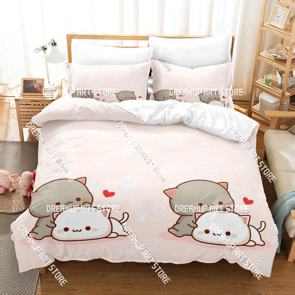 Fashion Adorable Peach And Goma Cat Bedding Set Single Twin Full Queen King Size Bed Set Kids Bedroom Duvetcover Sets Bed