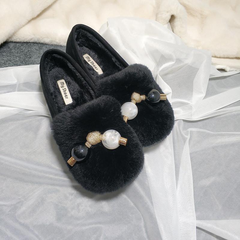 Fashion Two Candy bead fur flats woman cozy warm plush loafers winter cotton shoes women 2025 real rabbit fur moccasins large size 35-42
