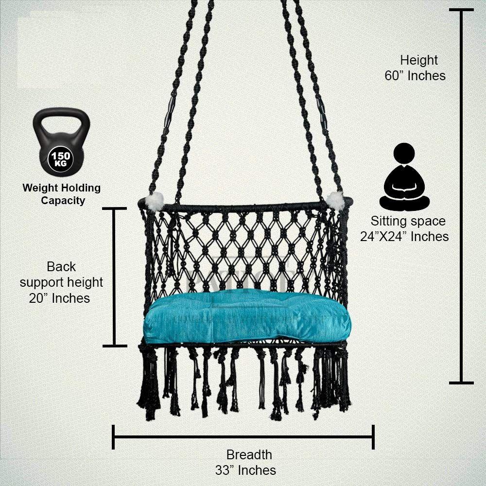 Premium Cotton C-Swing Chair for Adults, Kids Hammock-Hanging Chair Swing with Blue Color Cushion and Accessories (Black-Blue)