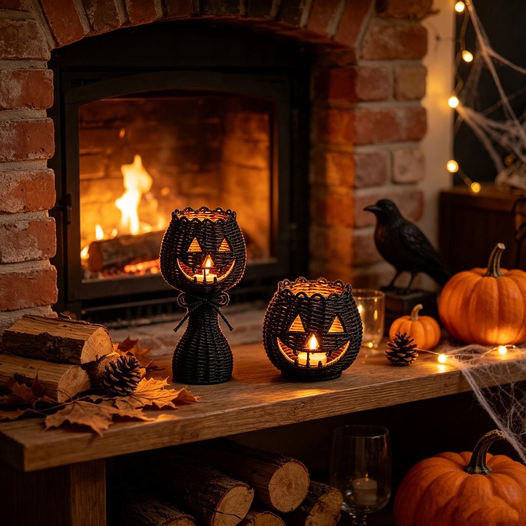 Seilgewebter Kerzenhalter mit Kerze für Halloween-Dekoration