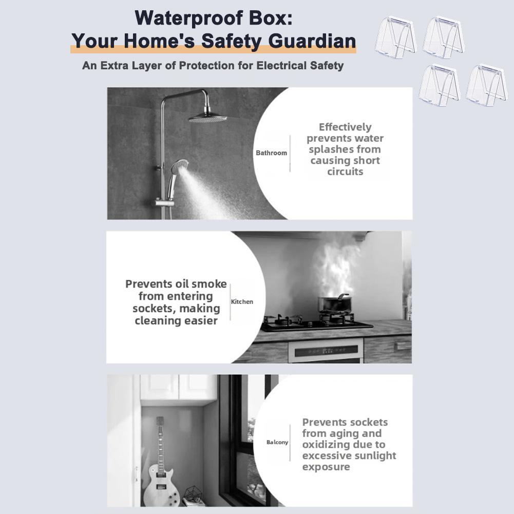 Wasserdichte transparente Steckdosenboxen Set mit 4 Stück mit selbstklebender Rückseite Spritzwasserschutzabdeckungen zum Steckdosenschutz
