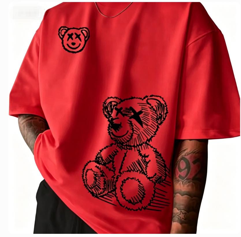 Summer Unisexs Pure Cotton Casual Sports Loose and Fashionable Cartoon Bear Pattern Printed Round Neck Short Sleeved Tshirt Soft