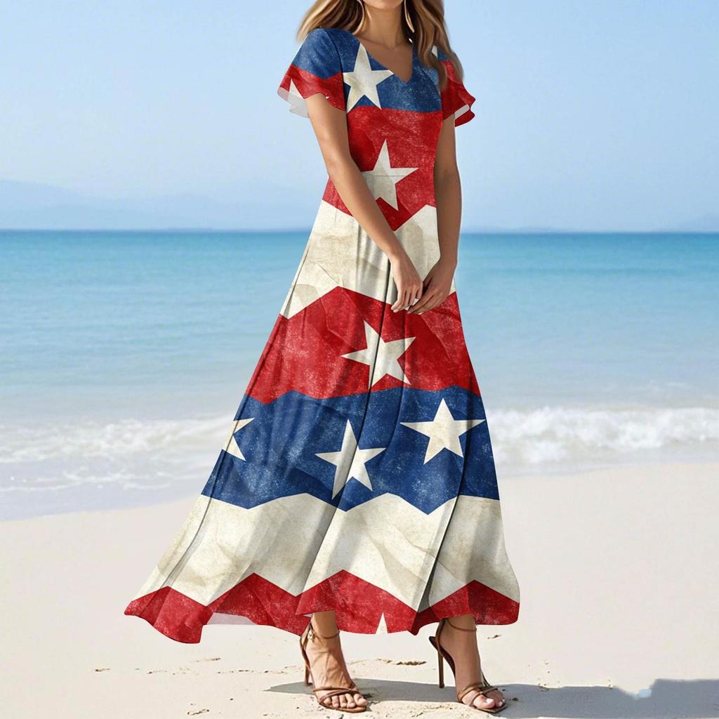 Women's Summer Casual Fashion Print Color Dresses V-Neck Short Sleeve Dresses